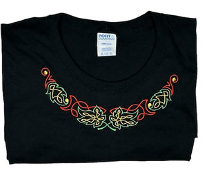 Women's T-shirt with embroidered celtic maple leaf neckline