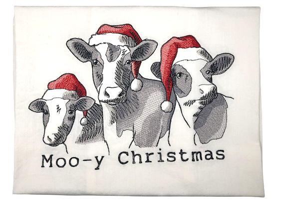 Moo-y Christmas Embroidered Tea Towel/Kitchen Towel/Dish Towel